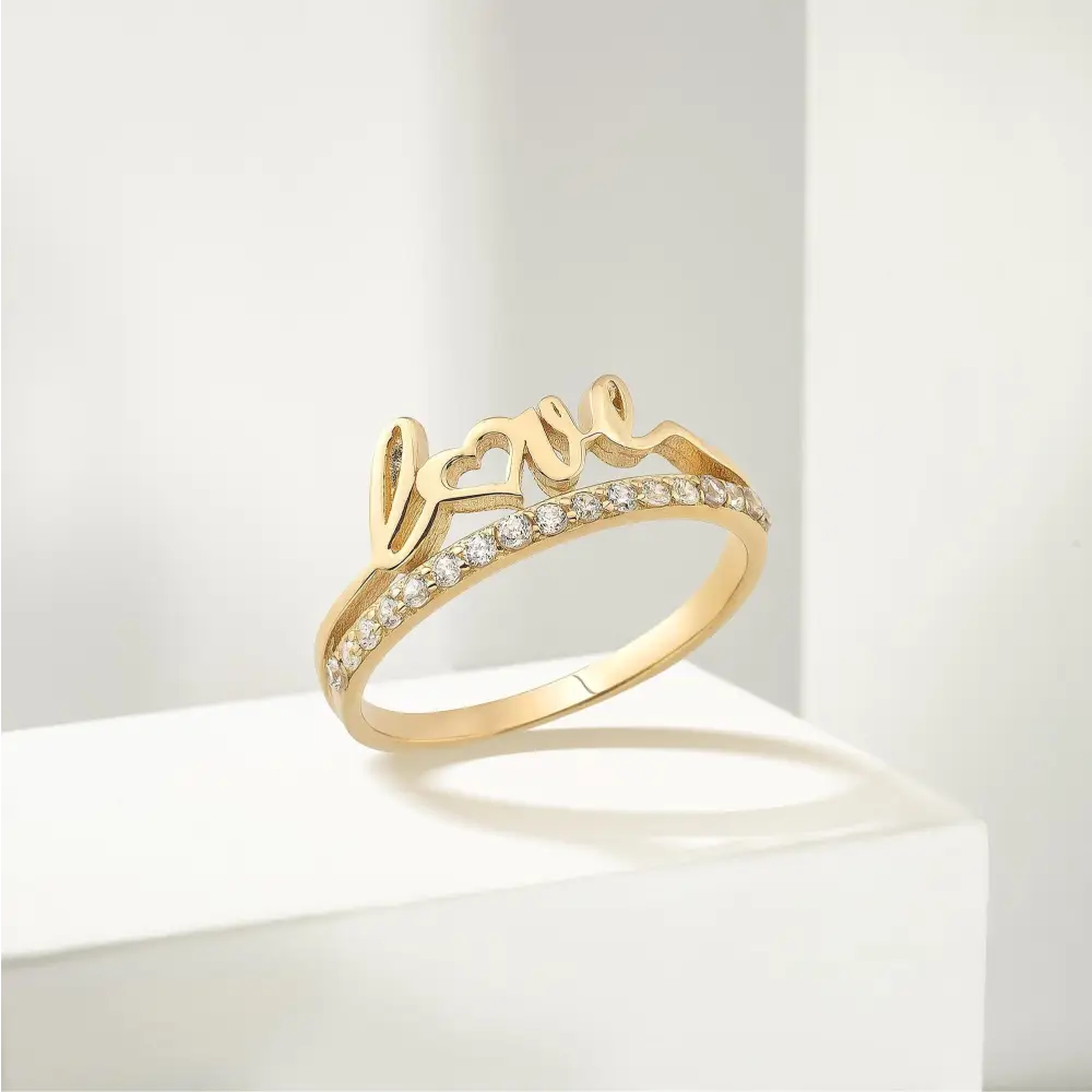 Gold Diamond Love Ring – Elegant Script Design Minimalist Jewelry Women