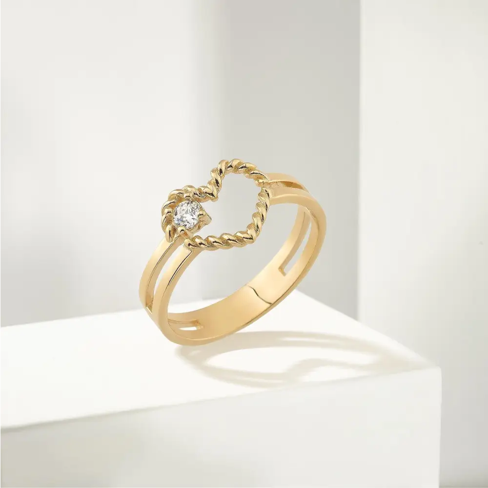 Gold Heart Ring with Diamond Accent Elegant Twisted Rope Design for Her