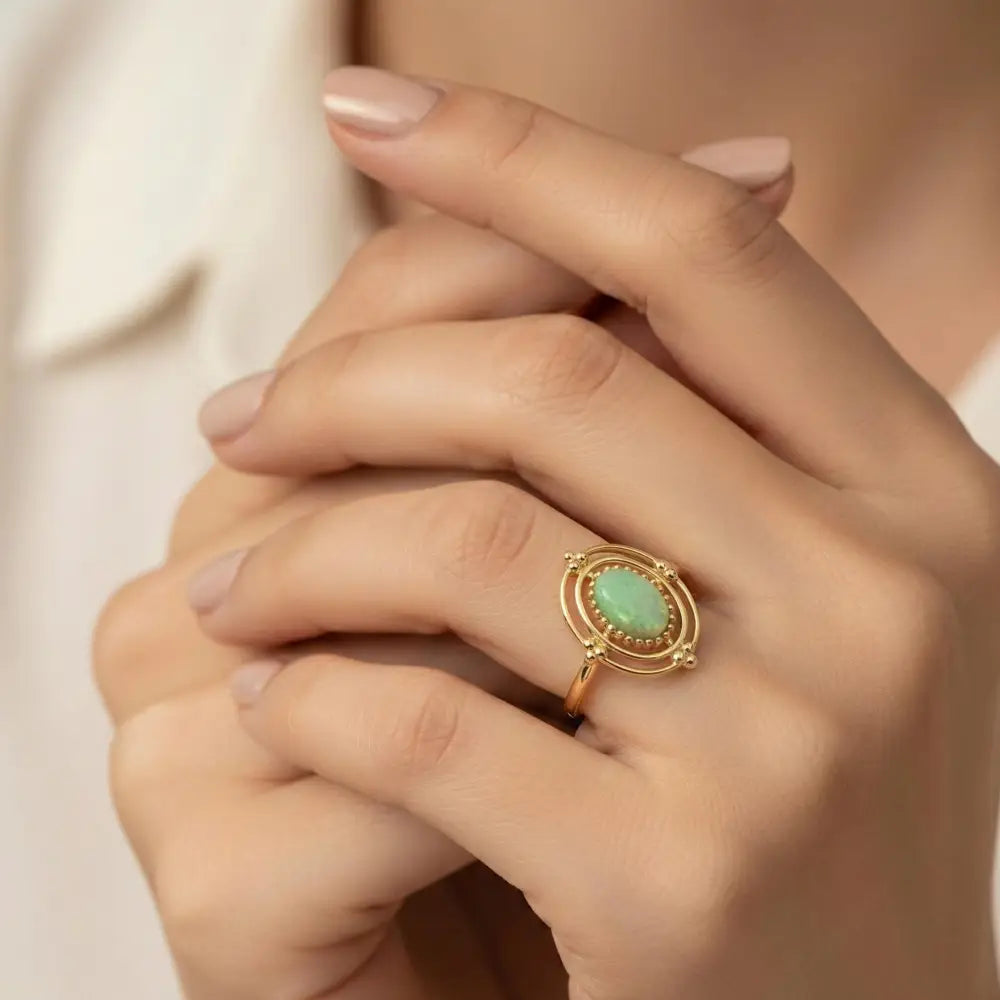 Green Cabochon Gold Ring Vintage Beaded Halo Frame with Double Band Timeless Boho Style