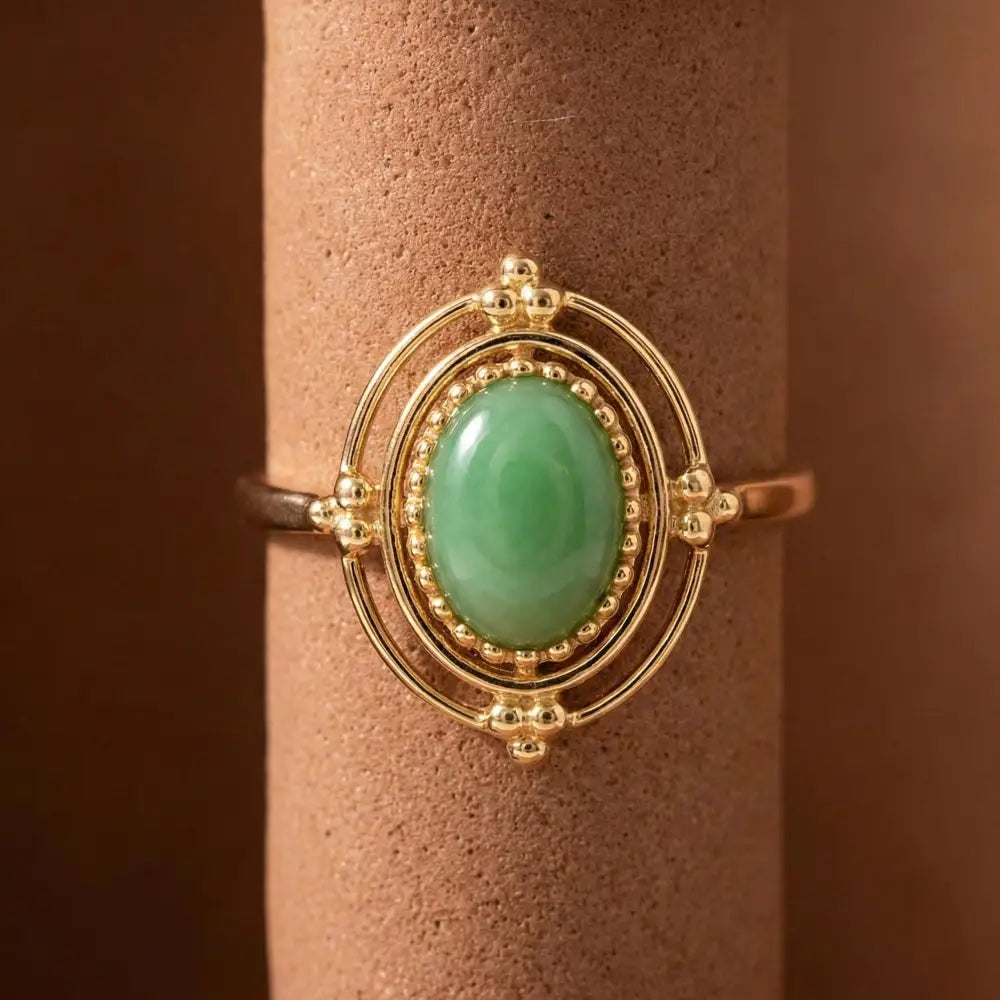 Green Cabochon Gold Ring Vintage Beaded Halo Frame with Double Band Timeless Boho Style