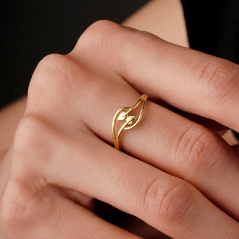 Handcrafted 14K Gold Leaf Ring Dainty Intertwined Solid Gold Jewelry Twisted for Women