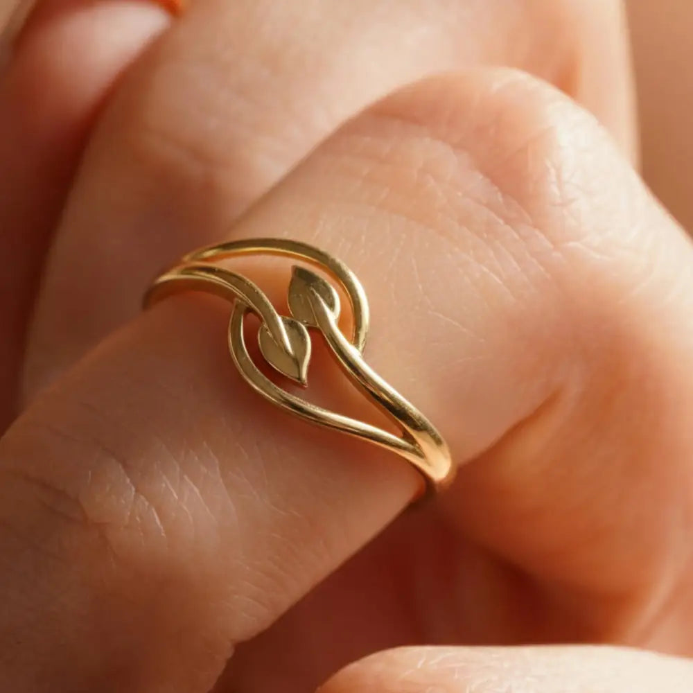 Handcrafted 14K Gold Leaf Ring Dainty Intertwined Solid Gold Jewelry Twisted for Women