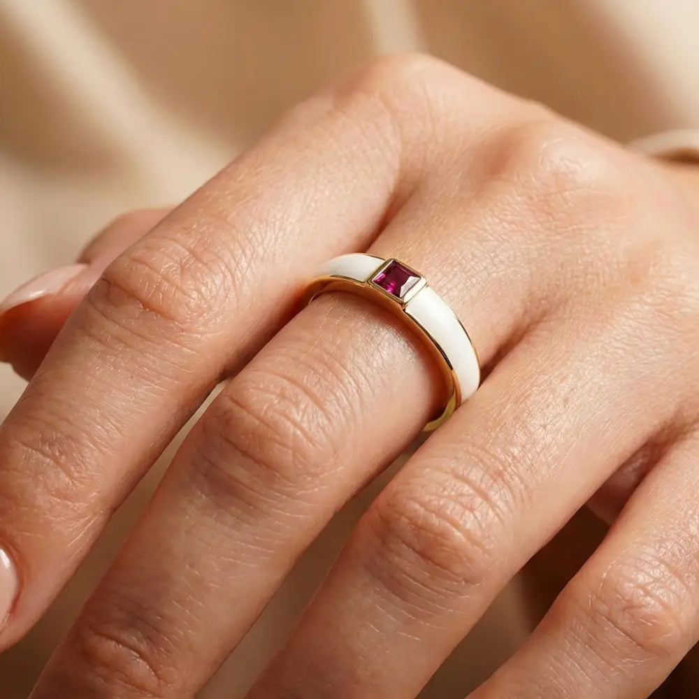 Handcrafted 14K Gold Ruby and Mother of Pearl Ring Square Gemstone Accent for Women