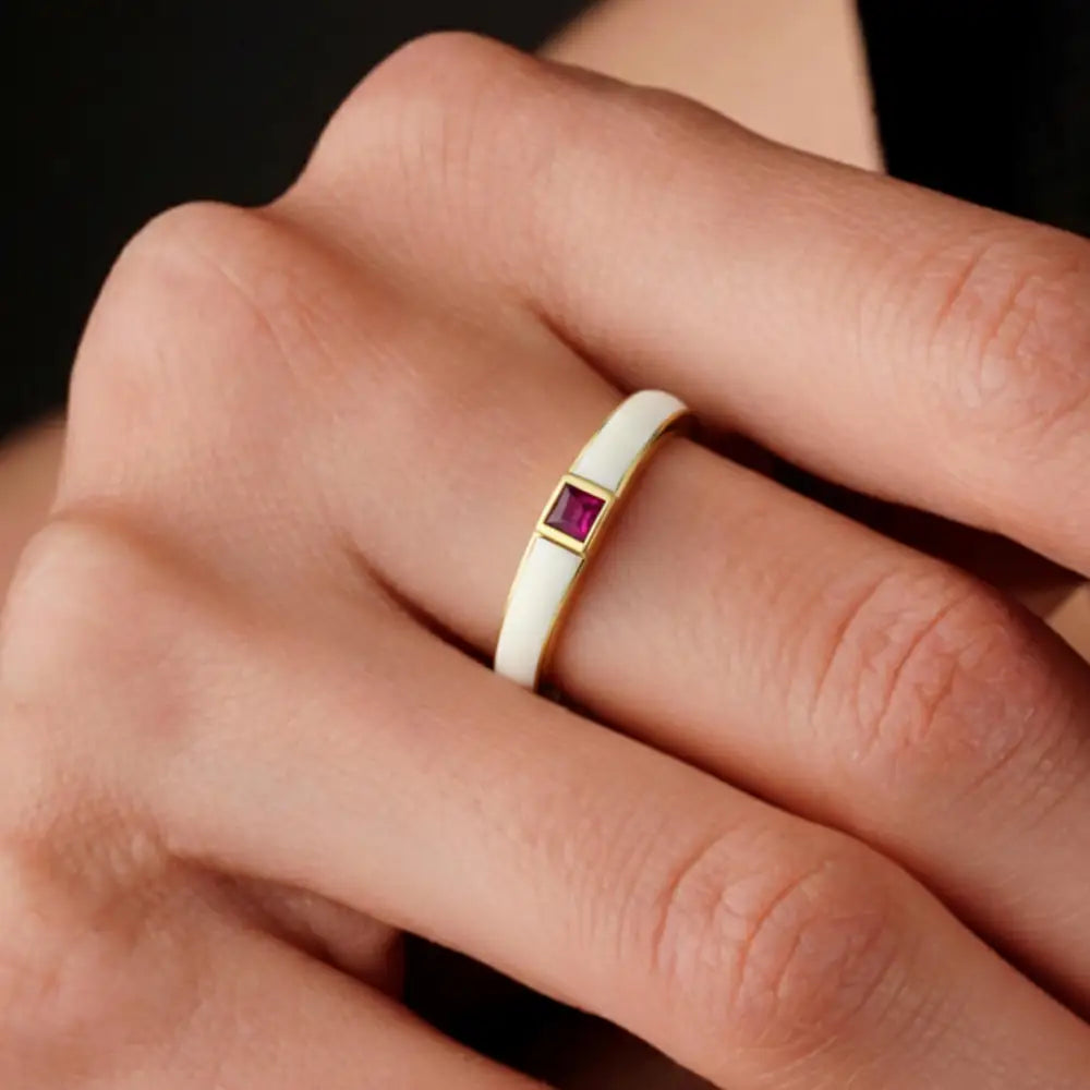 Handcrafted 14K Gold Ruby and Mother of Pearl Ring Square Gemstone Accent for Women