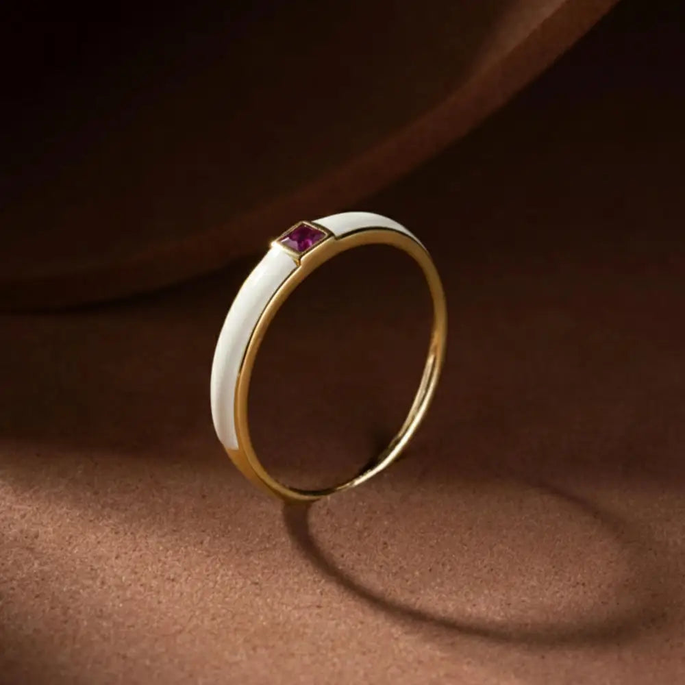 Handcrafted 14K Gold Ruby and Mother of Pearl Ring Square Gemstone Accent for Women