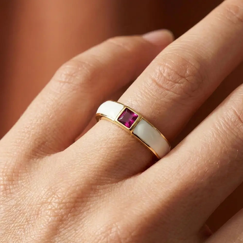 Handcrafted 14K Gold Ruby and Mother of Pearl Ring Square Gemstone Accent for Women