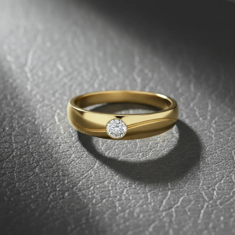 Handcrafted 14K Real Gold Diamond Solitaire Ring Simple Elegant Gold Band with Sparkling