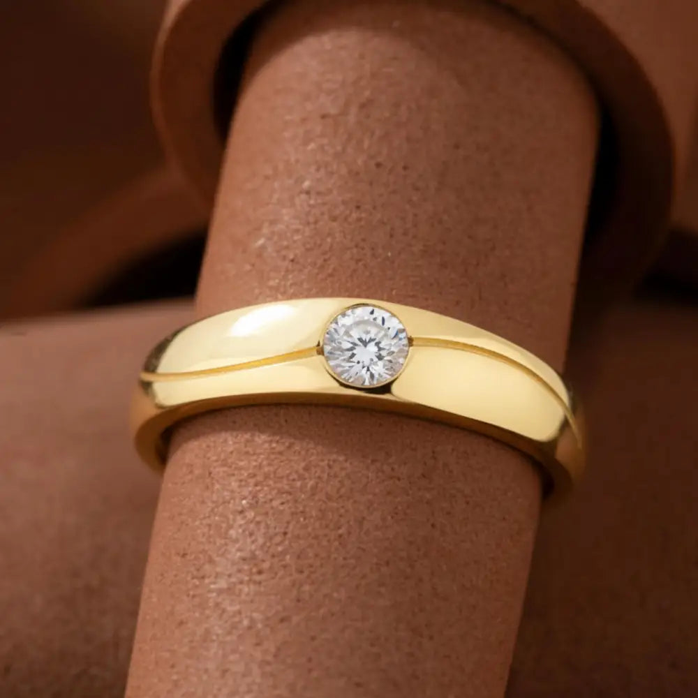 Handcrafted 14K Real Gold Diamond Solitaire Ring Simple Elegant Gold Band with Sparkling