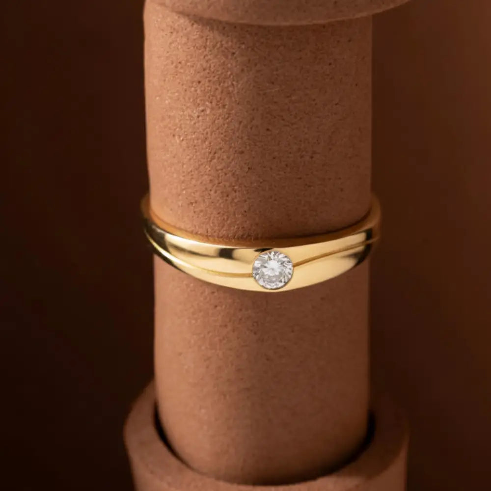 Handcrafted 14K Real Gold Diamond Solitaire Ring Simple Elegant Gold Band with Sparkling