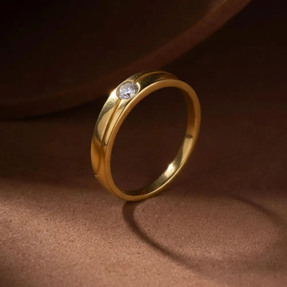 Handcrafted 14K Real Gold Diamond Solitaire Ring Simple Elegant Gold Band with Sparkling