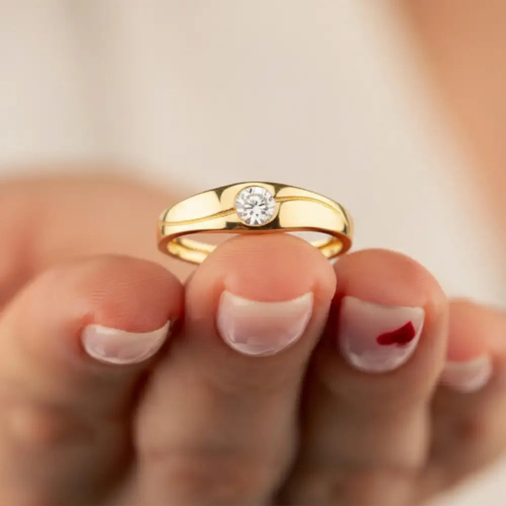 Handcrafted 14K Real Gold Diamond Solitaire Ring Simple Elegant Gold Band with Sparkling