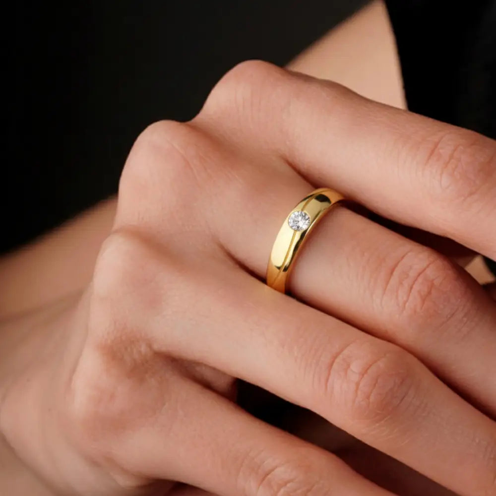 Handcrafted 14K Real Gold Diamond Solitaire Ring Simple Elegant Gold Band with Sparkling