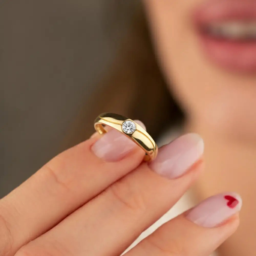 Handcrafted 14K Real Gold Diamond Solitaire Ring Simple Elegant Gold Band with Sparkling