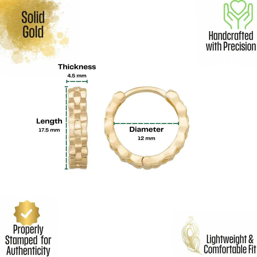 Handmade 14K Gold Geometric Faceted Hoop Earrings Checkerboard Textured Design Jewelry for Her - Hoop Earrings