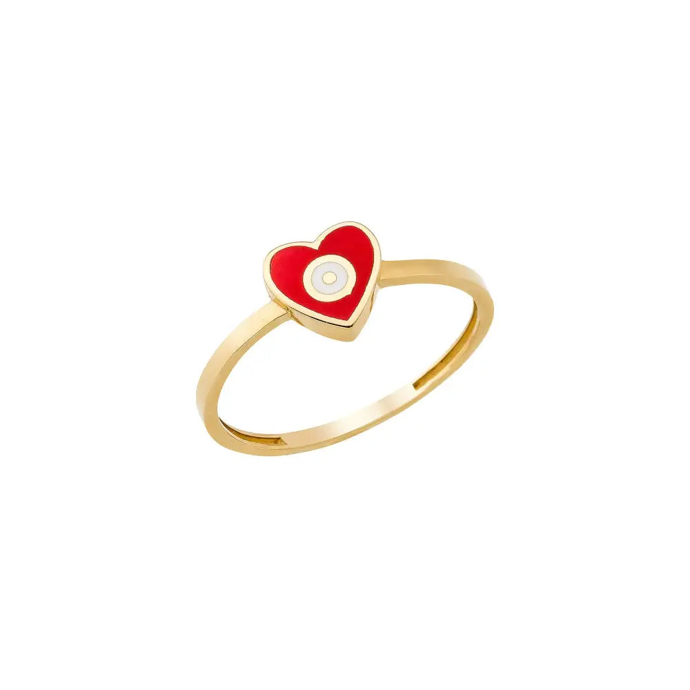 Handmade 14K Gold Red Heart Ring with Evil Eye Protective Jewelry Gift for Women