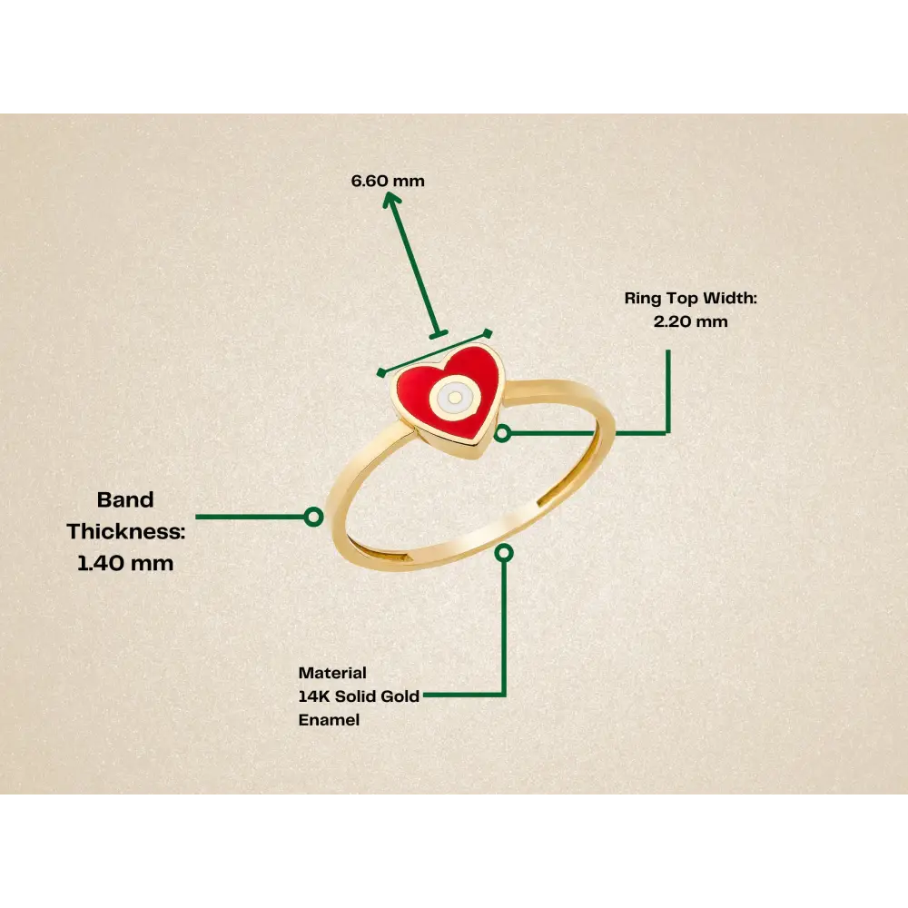 Handmade 14K Gold Red Heart Ring with Evil Eye Protective Jewelry Gift for Women