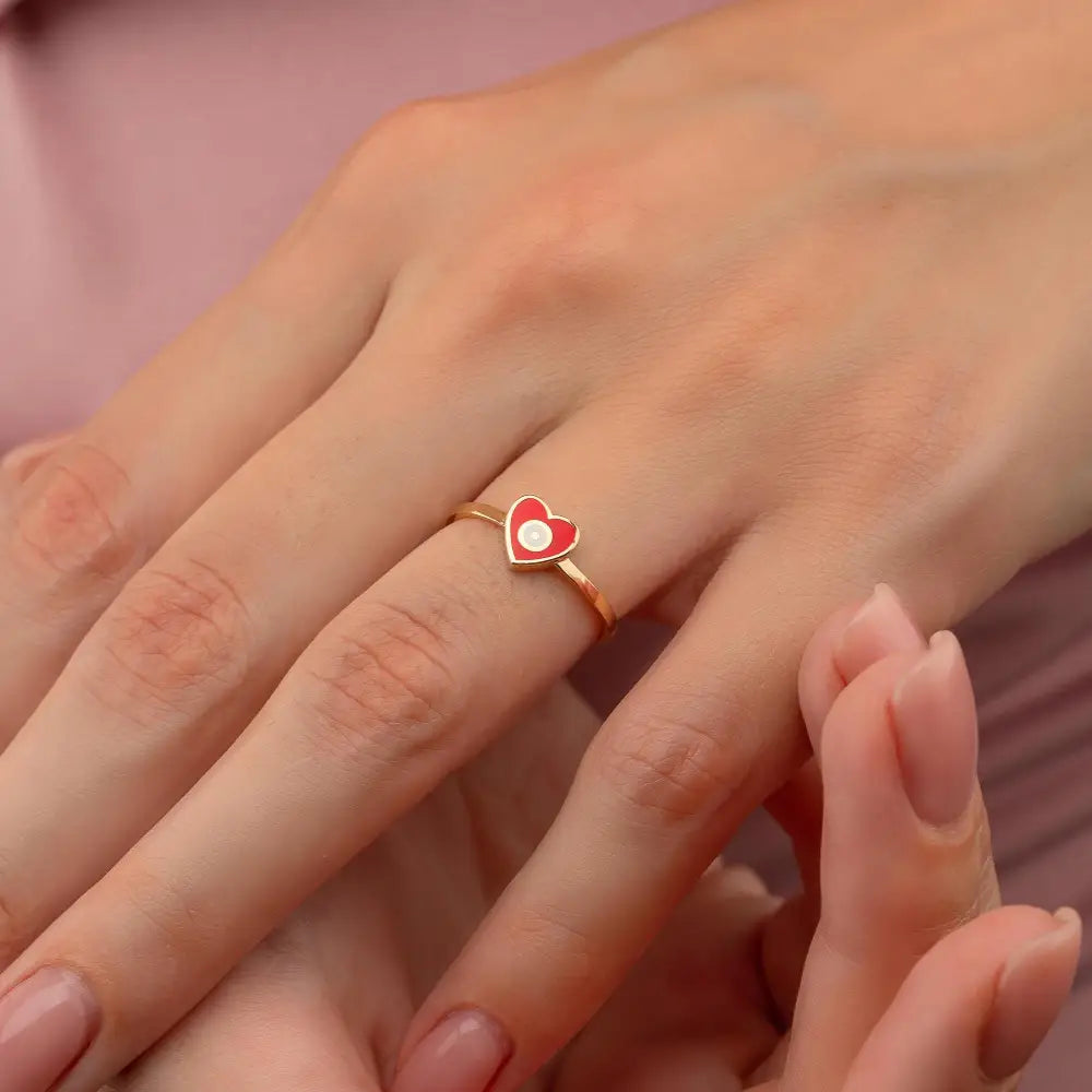 Handmade 14K Gold Red Heart Ring with Evil Eye Protective Jewelry Gift for Women