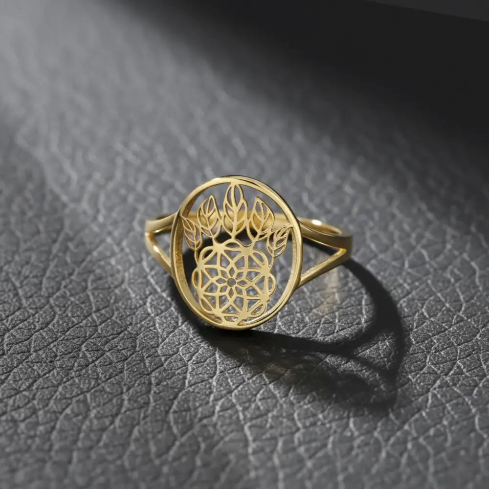 Handmade 14K Solid Gold Lotus Mandala Ring Delicate Geometric Symbol Jewelry for Women