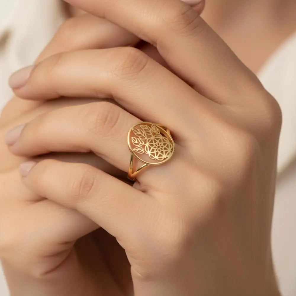 Handmade 14K Solid Gold Lotus Mandala Ring Delicate Geometric Symbol Jewelry for Women