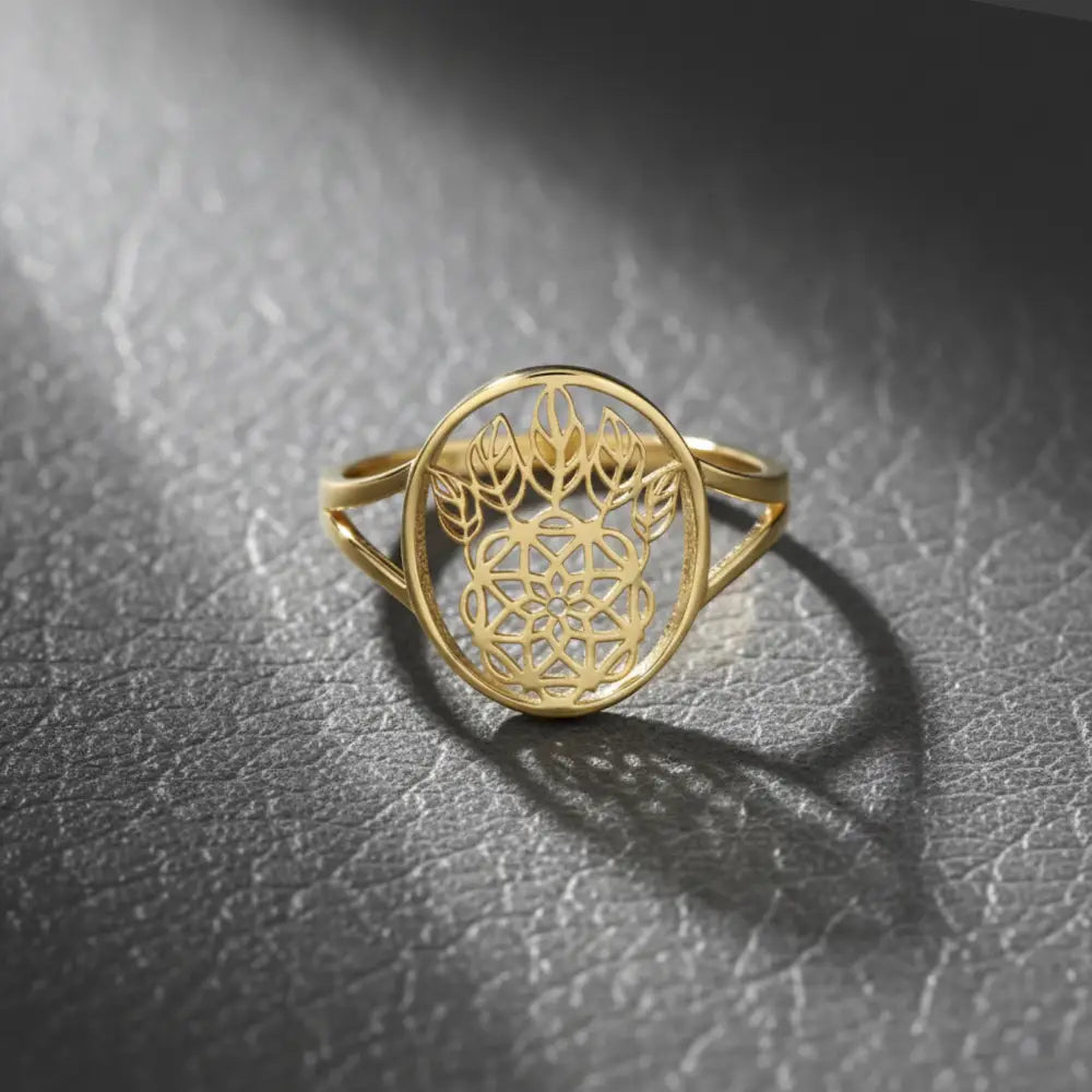 Handmade 14K Solid Gold Lotus Mandala Ring Delicate Geometric Symbol Jewelry for Women