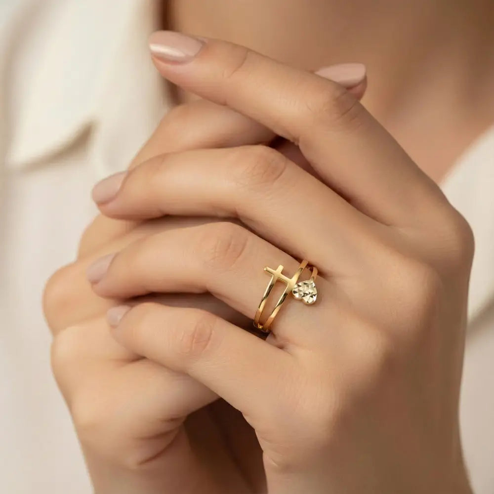 Handmade Double Band Ring with Cross and Faceted Heart Gold Faith Jewelry for Women