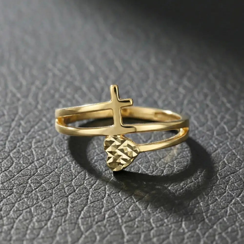 Handmade Double Band Ring with Cross and Faceted Heart Gold Faith Jewelry for Women