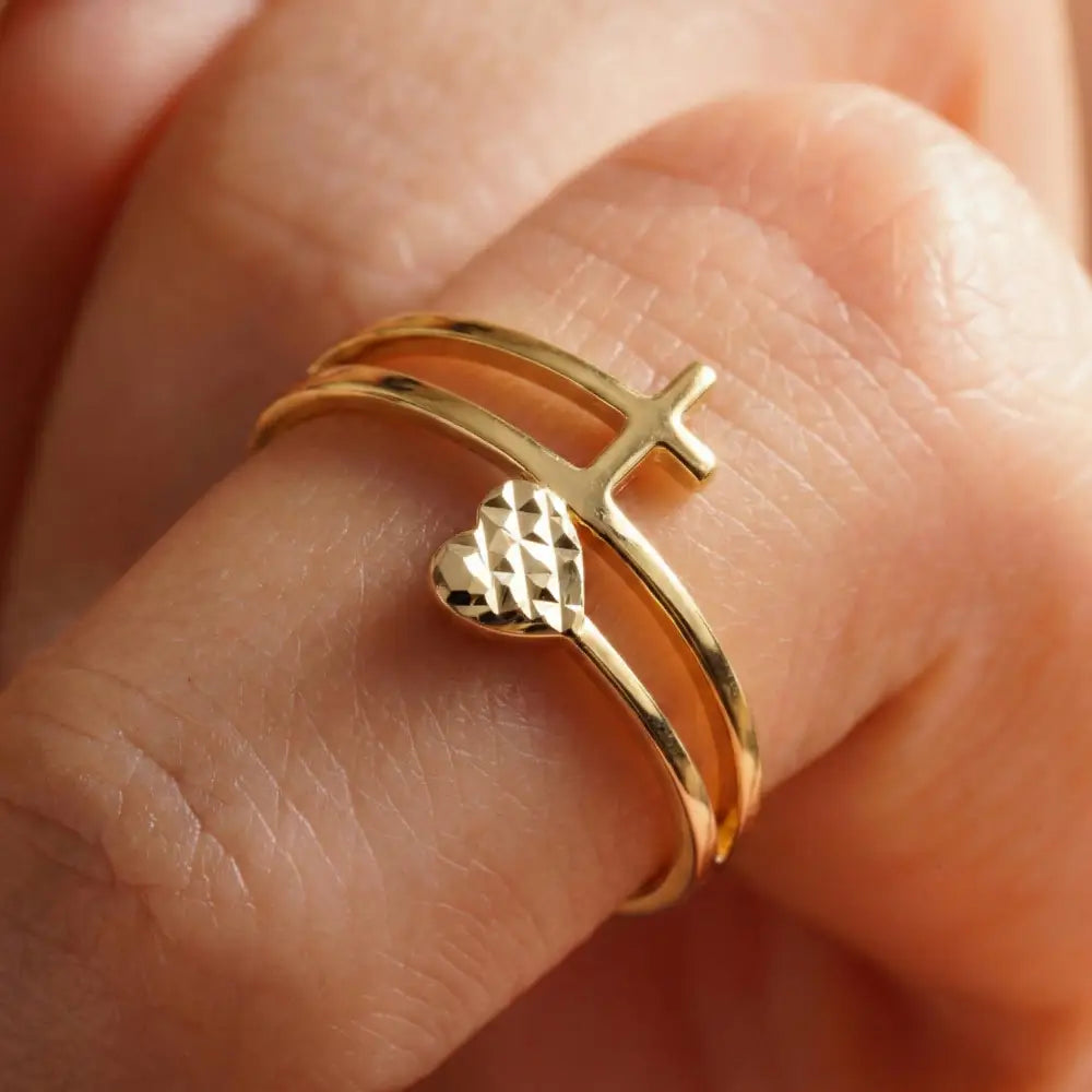 Handmade Double Band Ring with Cross and Faceted Heart Gold Faith Jewelry for Women