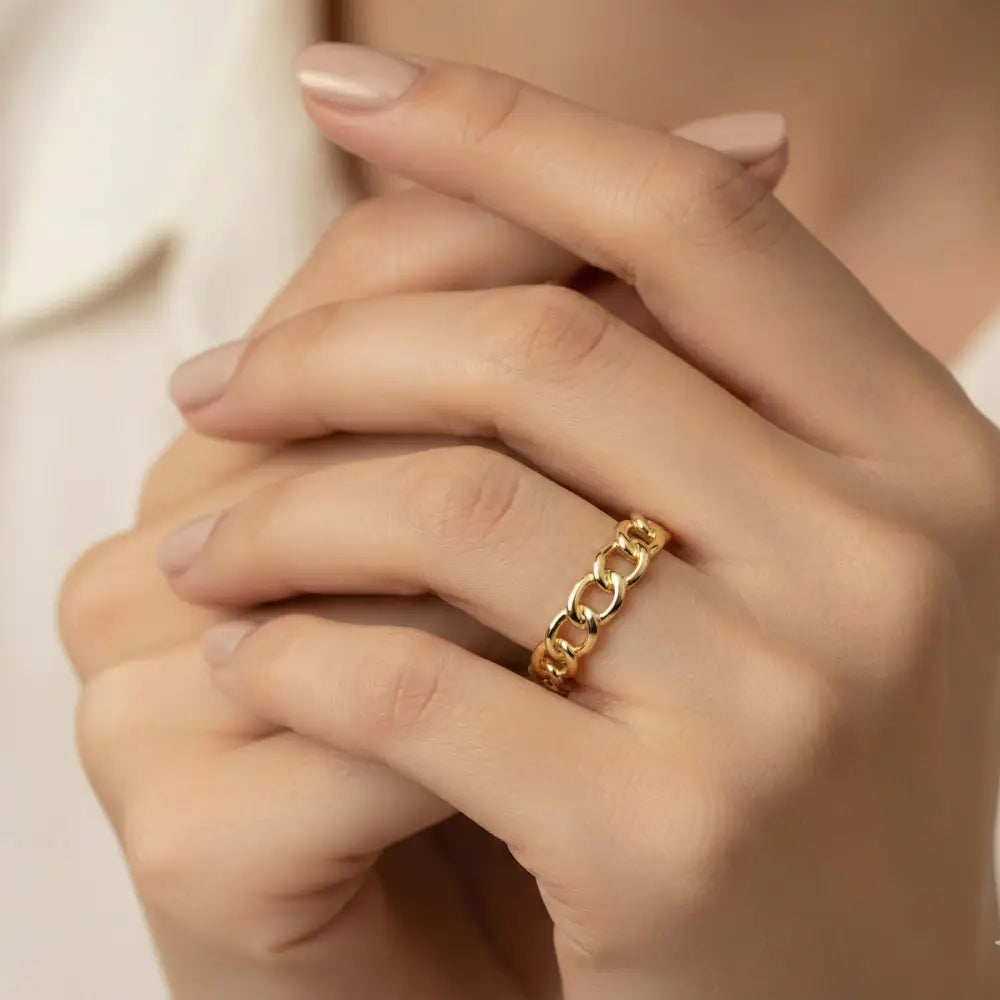 Handmade Gold Chain Link Band Open Linking Design Chic Minimalist Ring for Woman