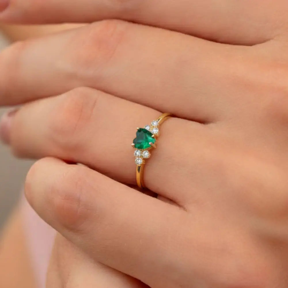 Heart Emerald Ring 14K Gold Simulant Diamond Wedding Band