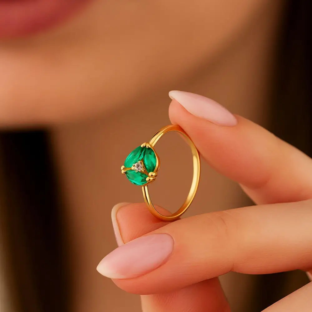 Marquise Emerald Wedding Ring 14K Solid Gold Simulated Diamond