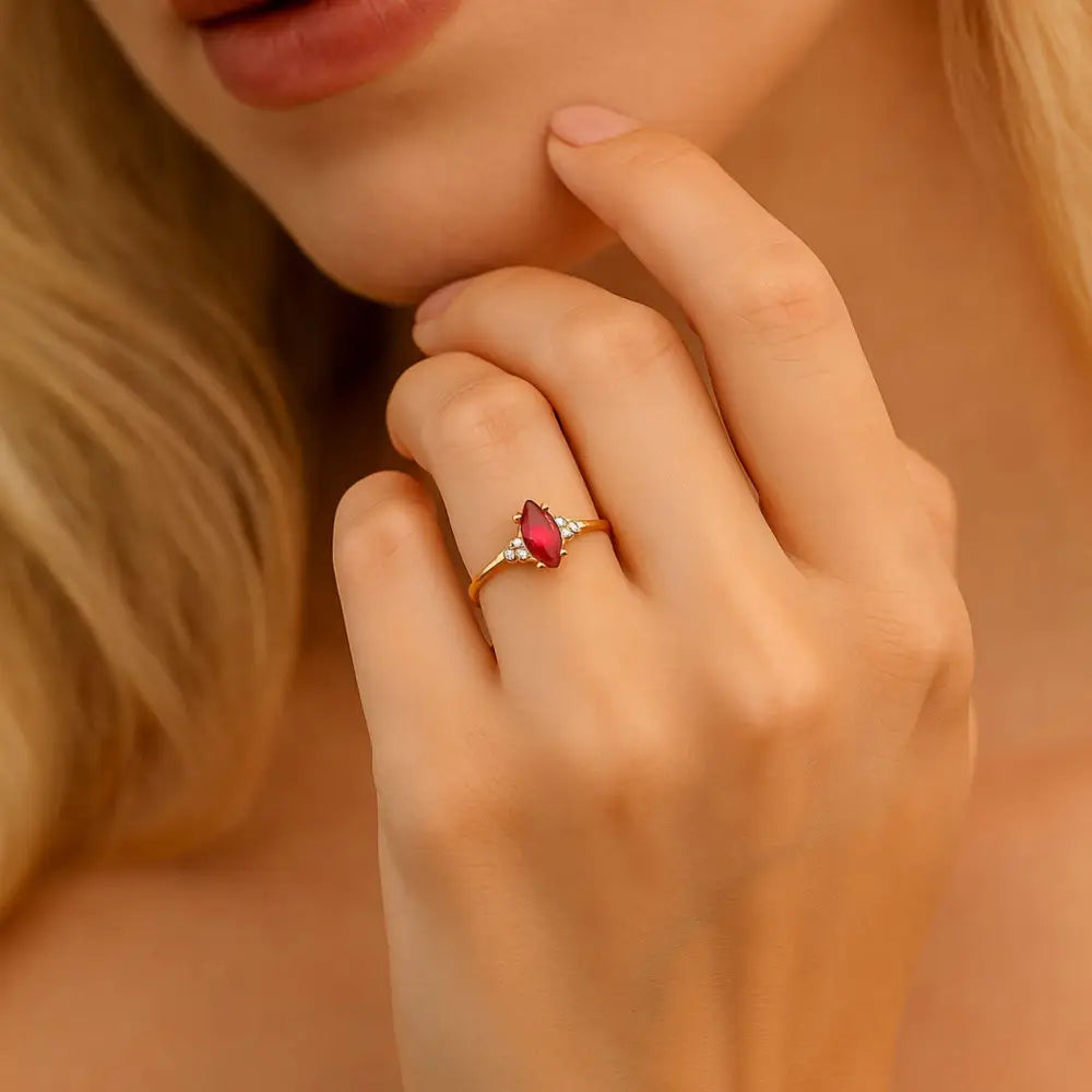 Marquise Ruby Engagement Ring – 14K Solid Gold Simulated Diamond Accents Vintage Style