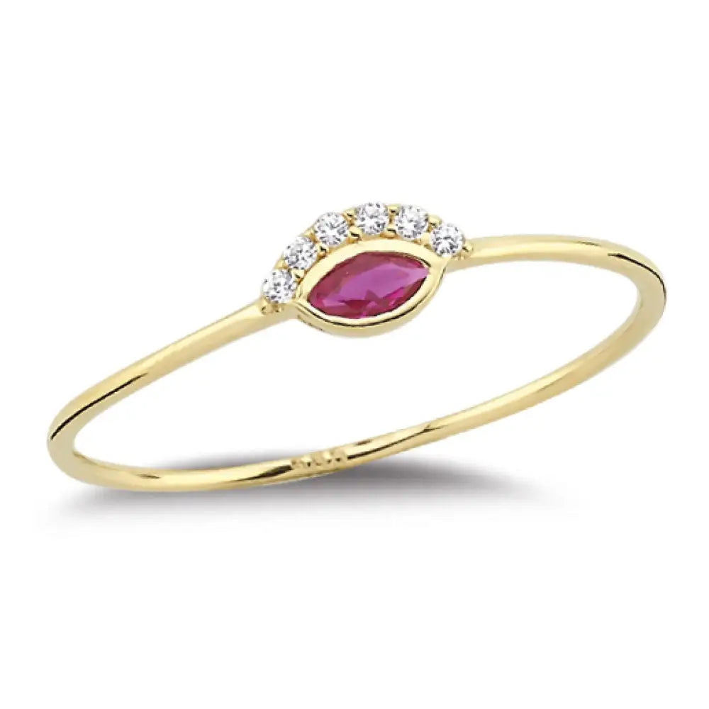 Marquise Ruby Evil Eye Ring – 14K Solid Gold with Simulated Diamond Dainty Birthstone