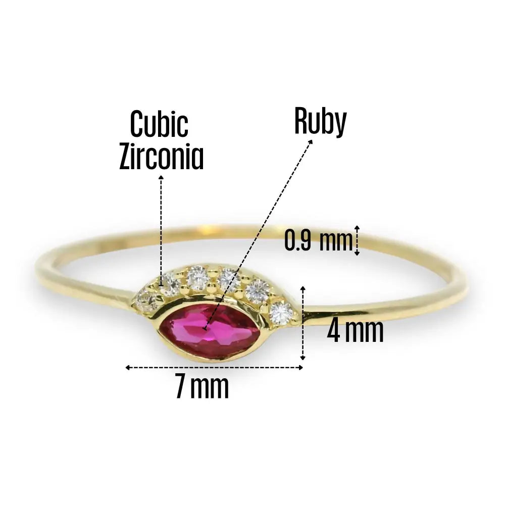 Marquise Ruby Evil Eye Ring – 14K Solid Gold with Simulated Diamond Dainty Birthstone
