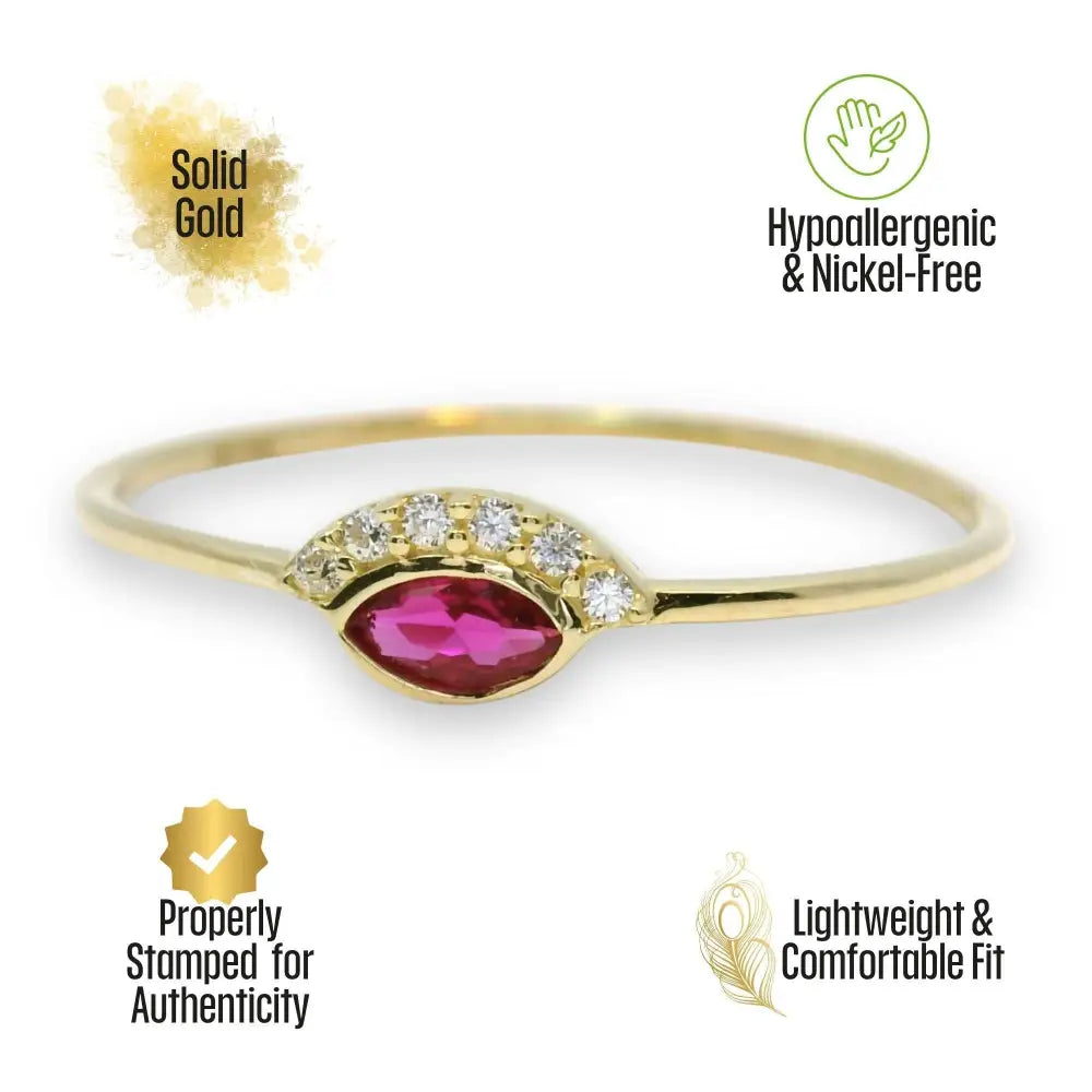 Marquise Ruby Evil Eye Ring – 14K Solid Gold with Simulated Diamond Dainty Birthstone