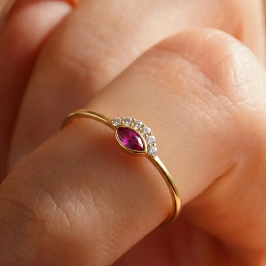 Marquise Ruby Evil Eye Ring – 14K Solid Gold with Simulated Diamond Dainty Birthstone