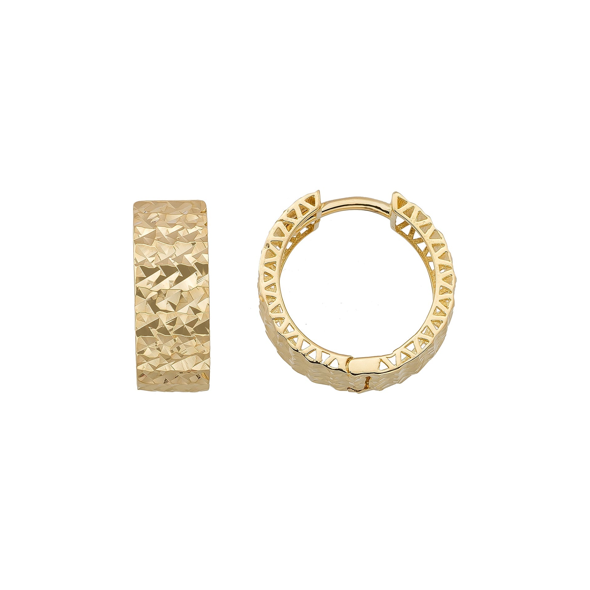 Medium Diamond Cut Hoops 14K Solid Gold | Chunky Hoop Earrings for Women Shiny Textured Gold Hoops - Single (1Earring)