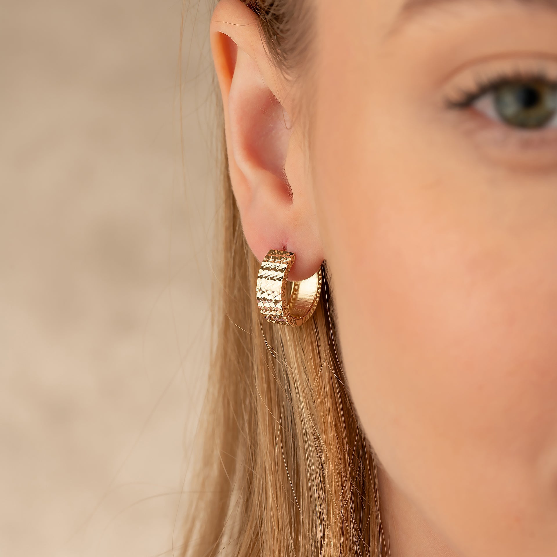 Medium Diamond Cut Hoops 14K Solid Gold | Chunky Hoop Earrings for Women Shiny Textured Gold Hoops - Hoop Earrings