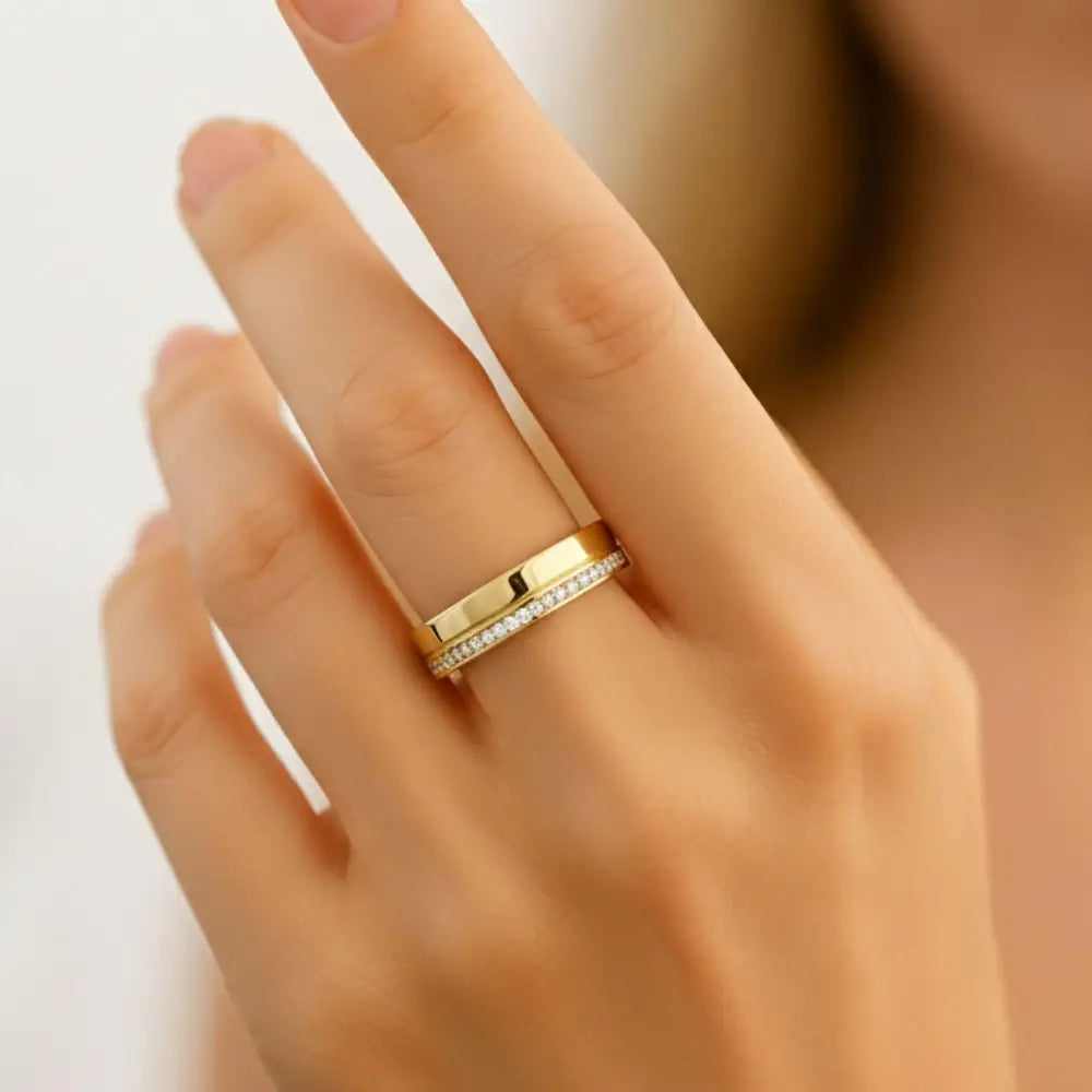 Multiple Small Simulant Diamond Ring 14k Solid Gold Eyecatching Luxury Wide Wedding Band