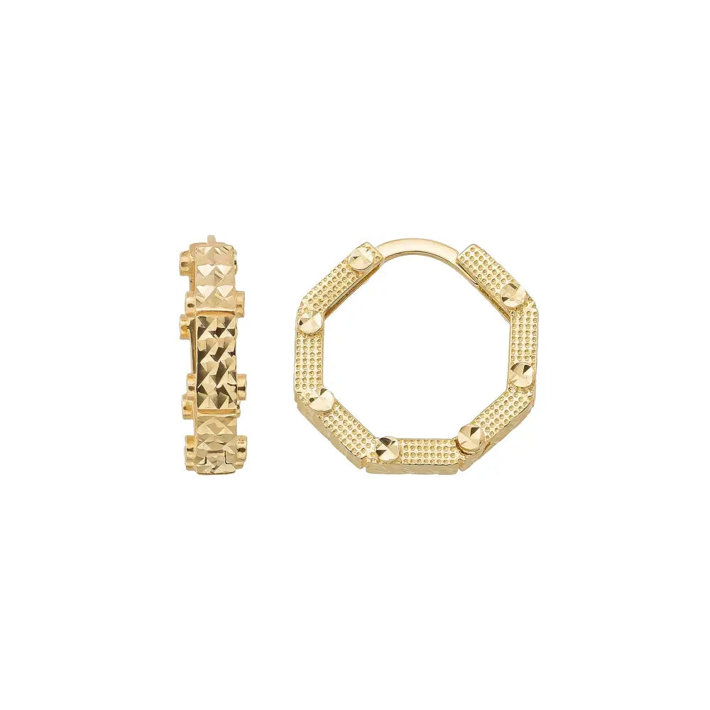 Octagon Hoop Earrings 14K Solid Gold | Diamond-Cut Ribbed Geometric Huggies 4.5 mm Thick 17.8 mm Hoops for Women