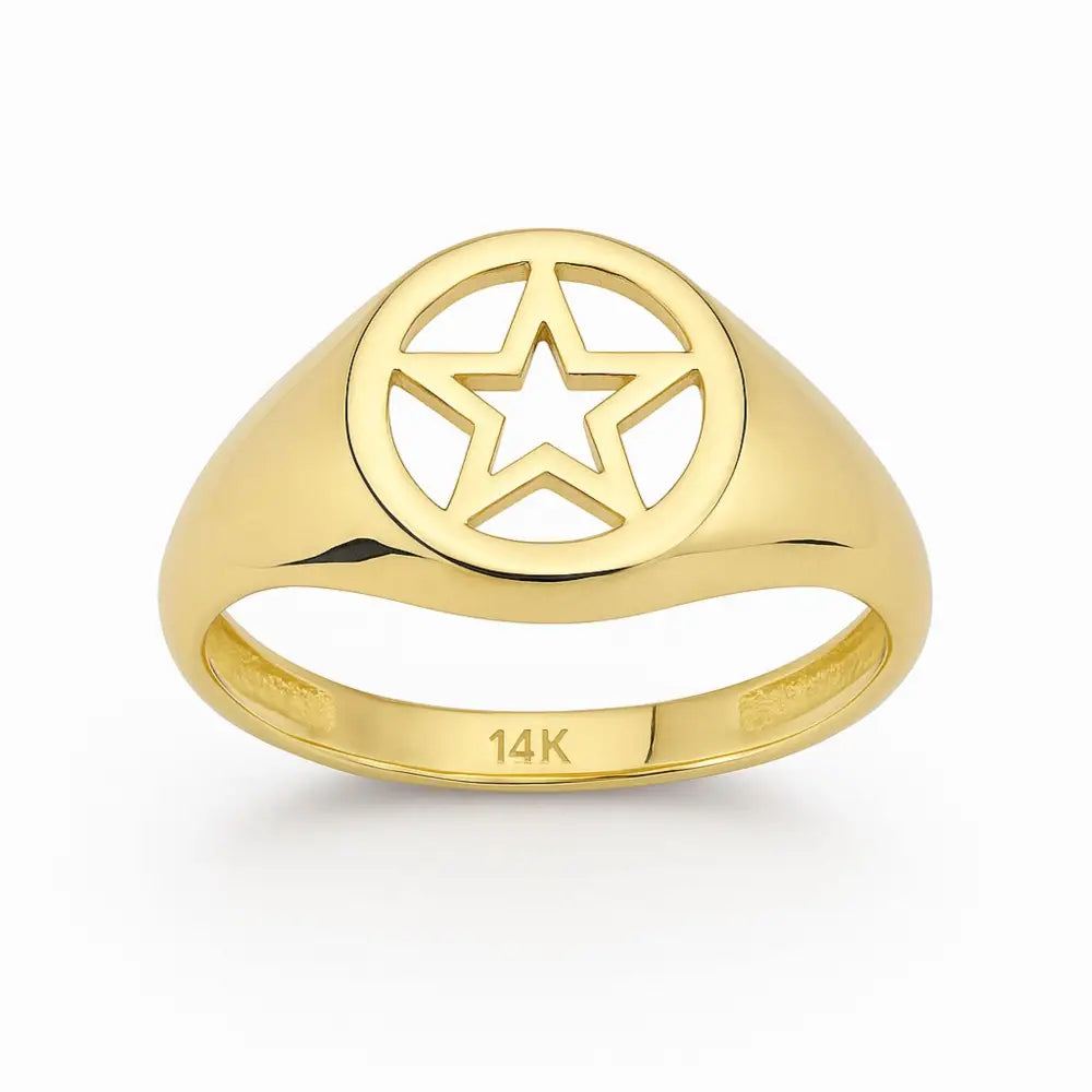 Open Star Signet Ring 14K Solid Gold Chunky Ring Christmas Gift for Women