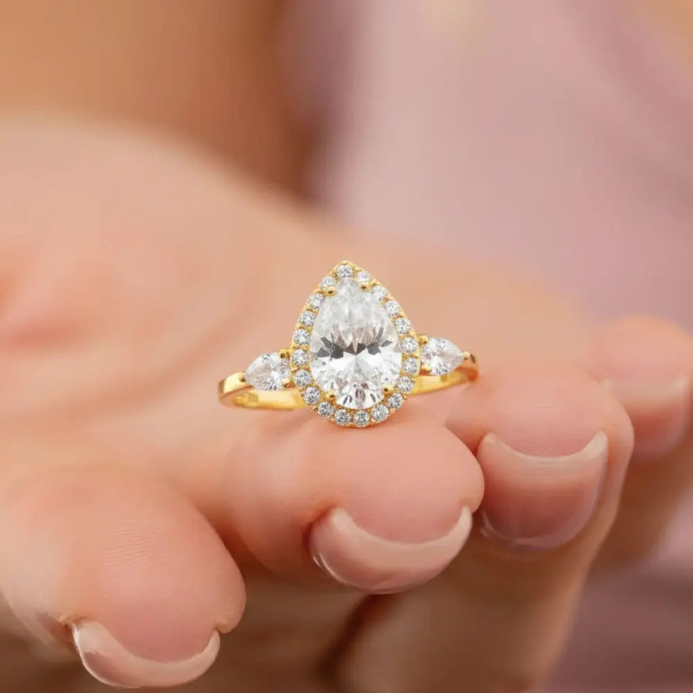 Pear Simulated Diamond Halo Engagement Ring 14K Gold Teardrop Wedding Ring