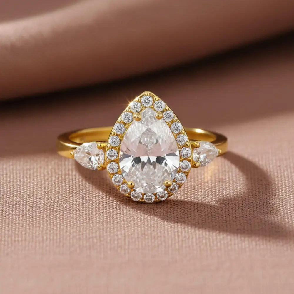 Pear Simulated Diamond Halo Engagement Ring 14K Gold Teardrop Wedding Ring