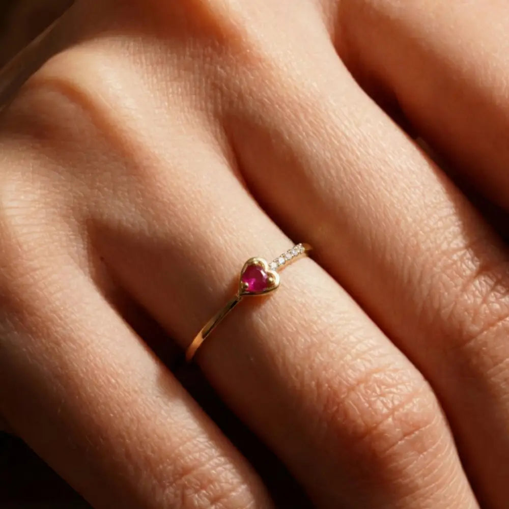 Personalized 14K Ruby Heart Ring with CZ for Valentine’s Day Delicate Jewelry Thin Stackable Ring