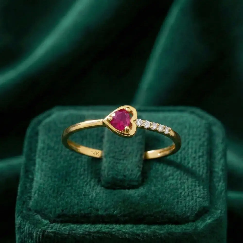 Personalized 14K Ruby Heart Ring with CZ for Valentine’s Day Delicate Jewelry Thin Stackable Ring