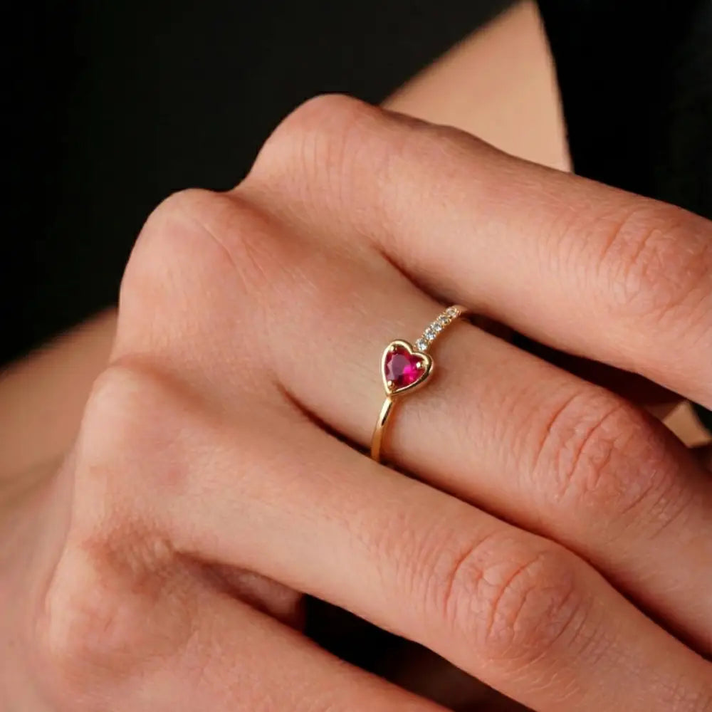 Personalized 14K Ruby Heart Ring with CZ for Valentine’s Day Delicate Jewelry Thin Stackable Ring