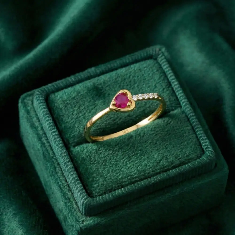 Personalized 14K Ruby Heart Ring with CZ for Valentine’s Day Delicate Jewelry Thin Stackable Ring