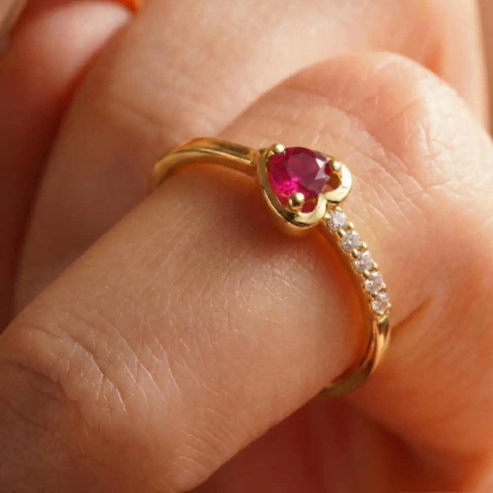 Personalized 14K Ruby Heart Ring with CZ for Valentine’s Day Delicate Jewelry Thin Stackable Ring