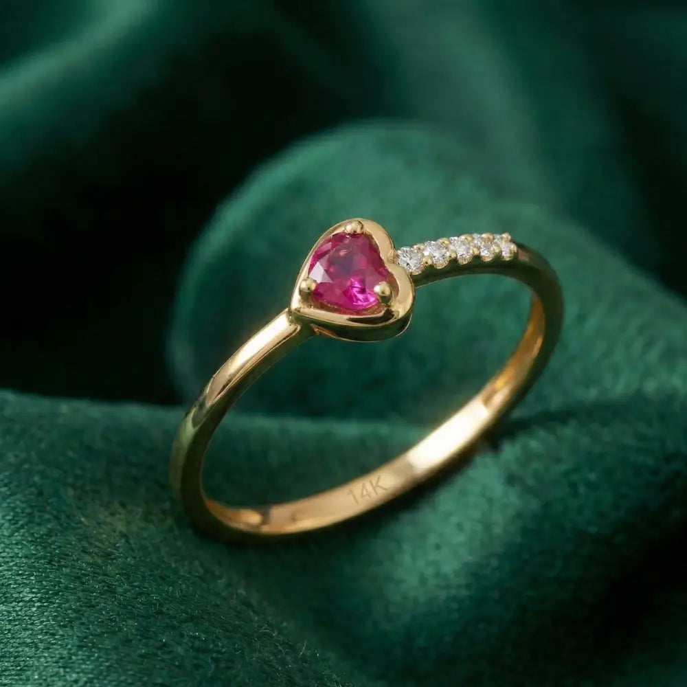 Personalized 14K Ruby Heart Ring with CZ for Valentine’s Day Delicate Jewelry Thin Stackable Ring