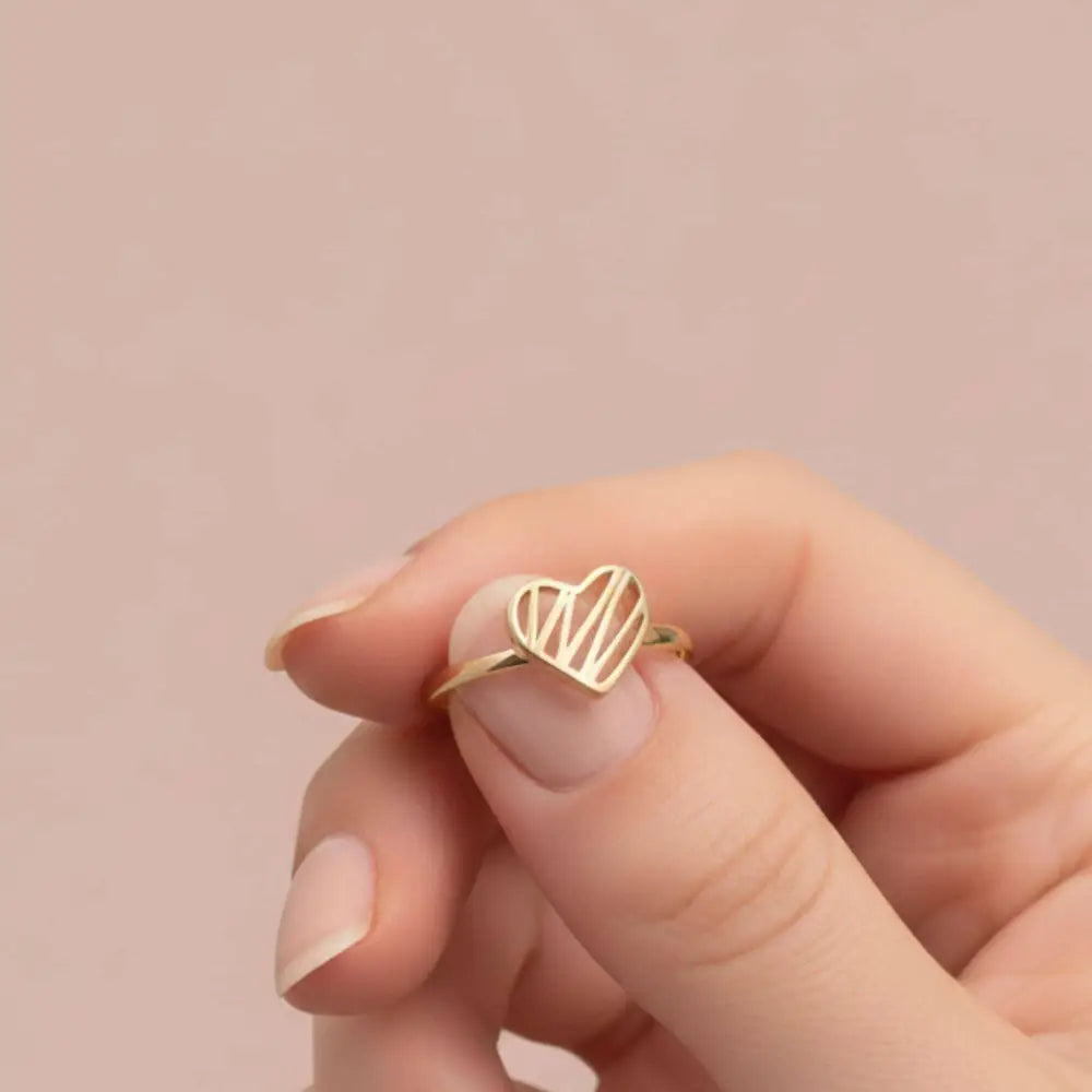 Personalized 14k Solid Gold Heart Ring Minimalist Band Custom Jewelry Gift