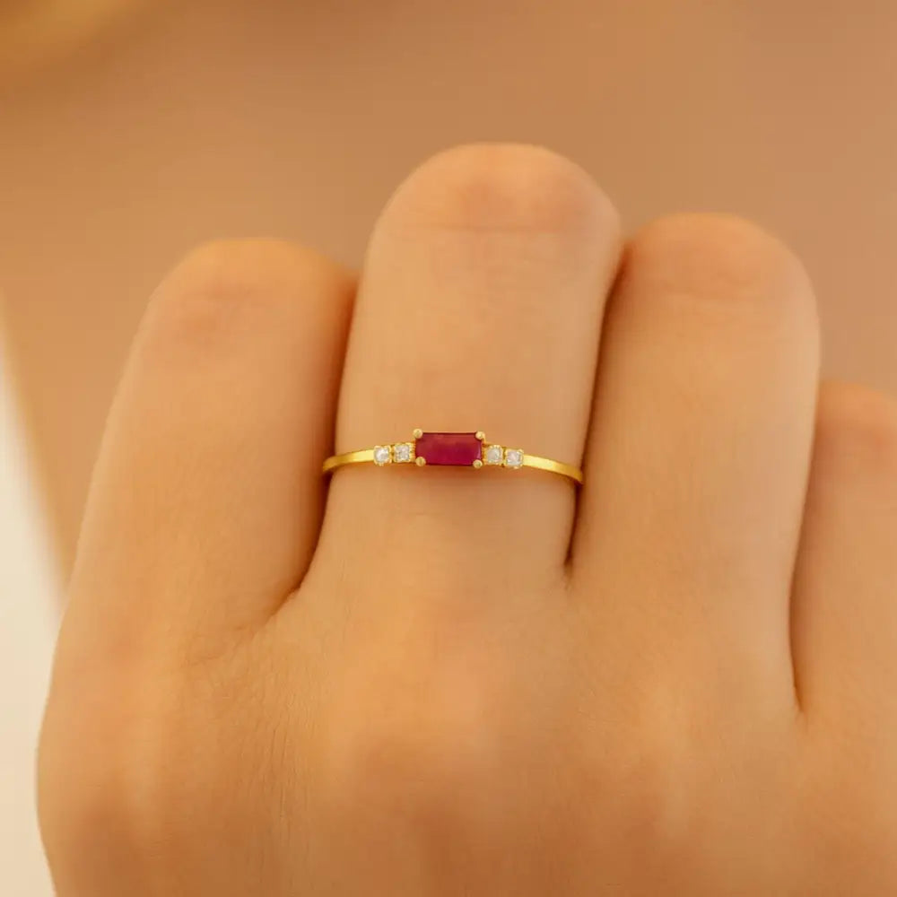 Personalized Baguette Ruby Engagement Ring 14K Gold Vintage Birthstone Ring by GoA